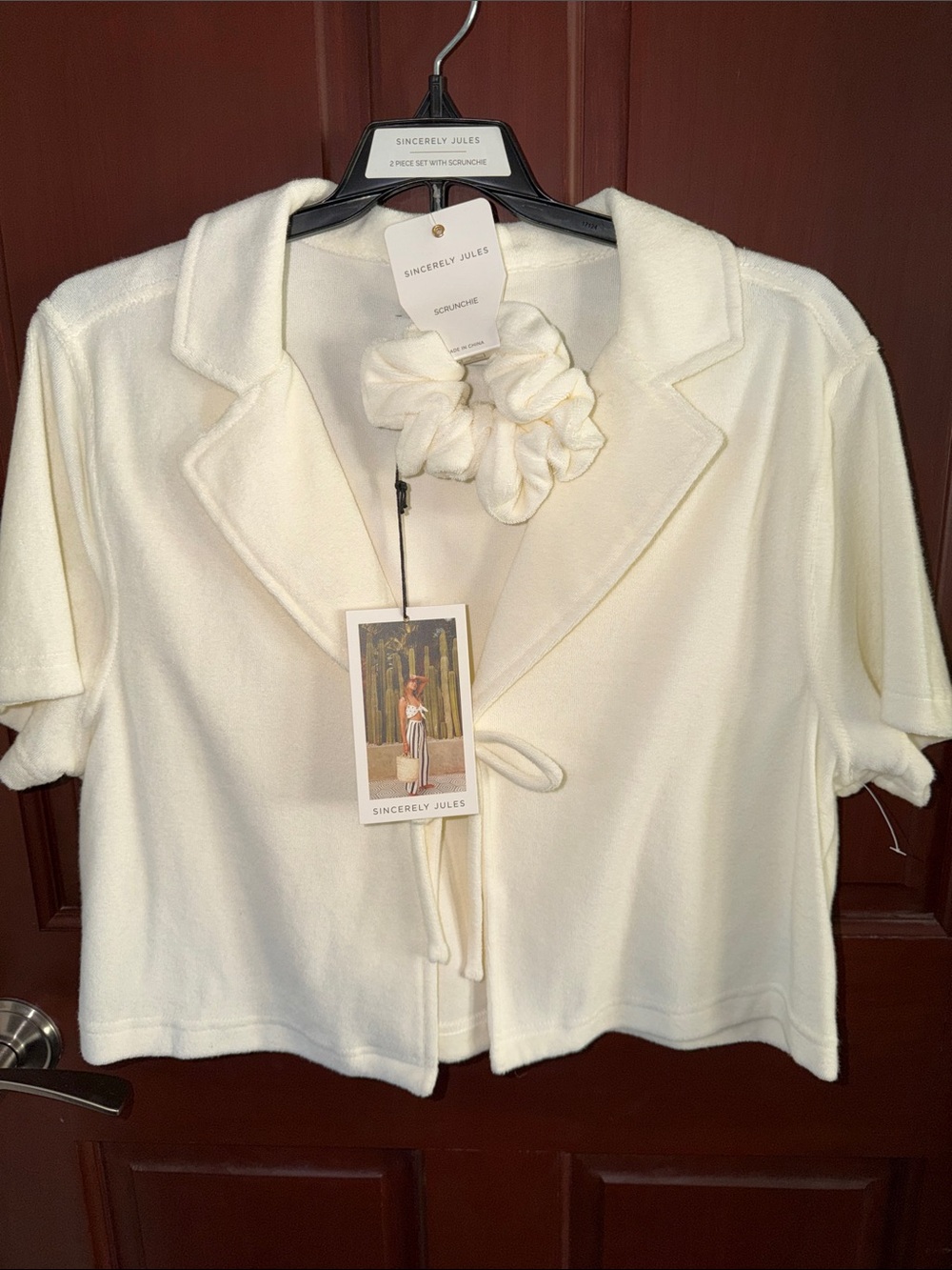 Sincerely Jules Ivory Terry Cloth 2 Piece Shorts Set + Scrunchie NWT